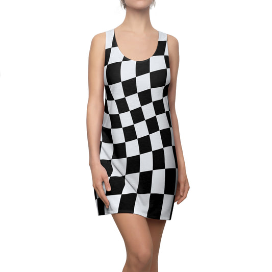 Schwarz Weiß Schachbrett Racerback Kleid – Kurvig Sommerkleid