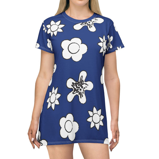 Blaues Damen Kleid Floral T-Shirt Sommer Boho Casual Premium
