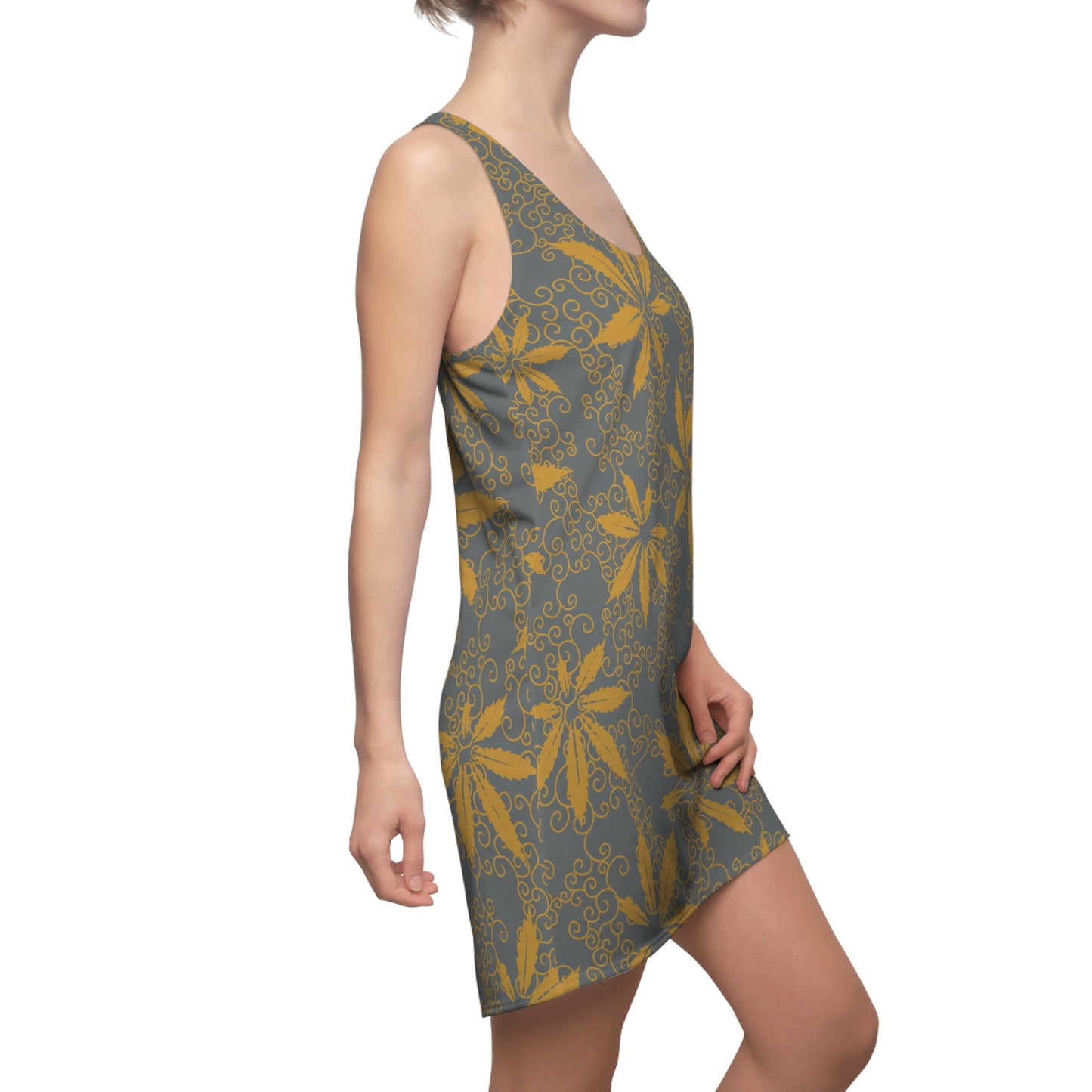 Cannabis Racerback Kleid Damen – Grau Gold Sommerkleid mit Hanfblättern