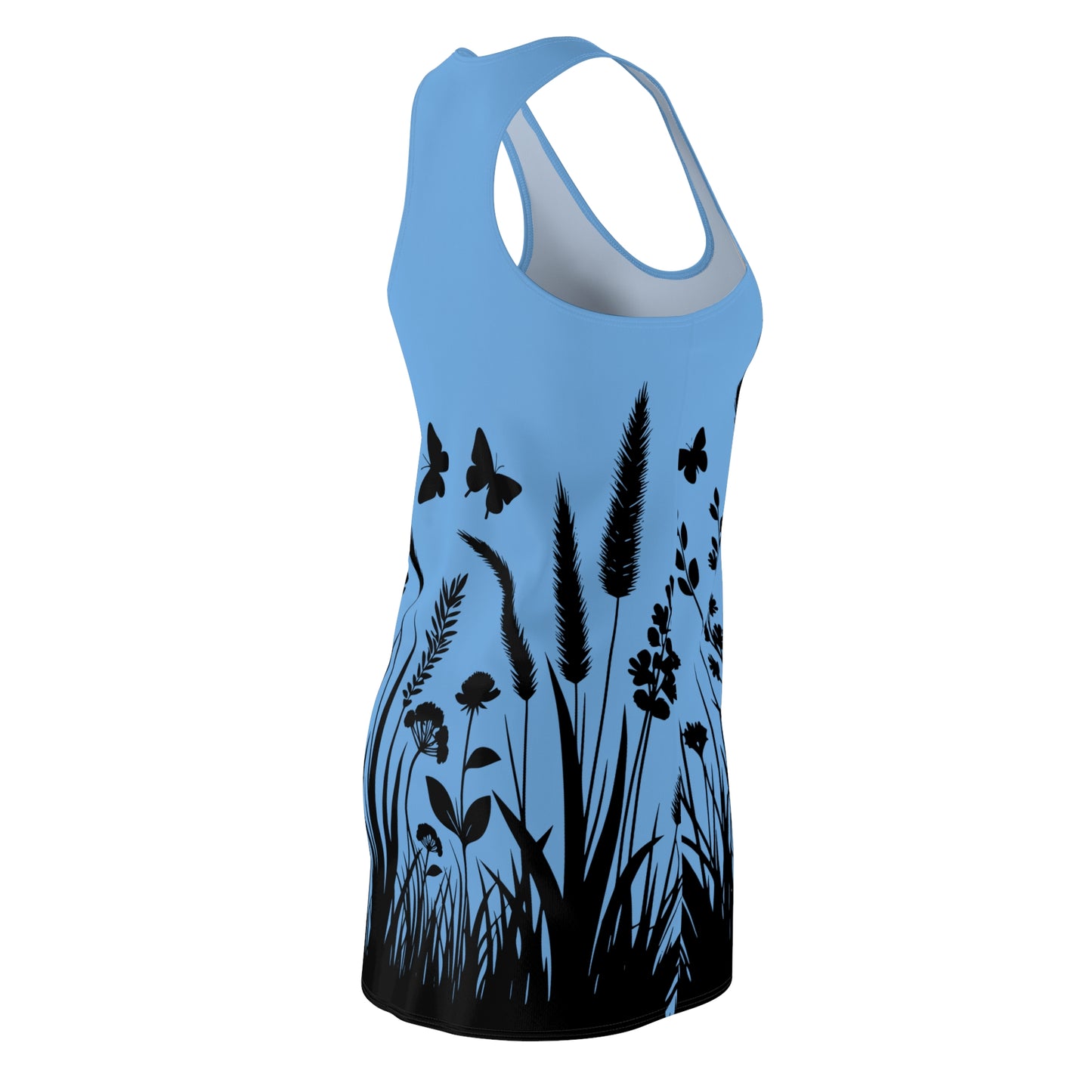 Hellblaues Naturmuster Racerback Kleid – Schmetterling & Blumen Design