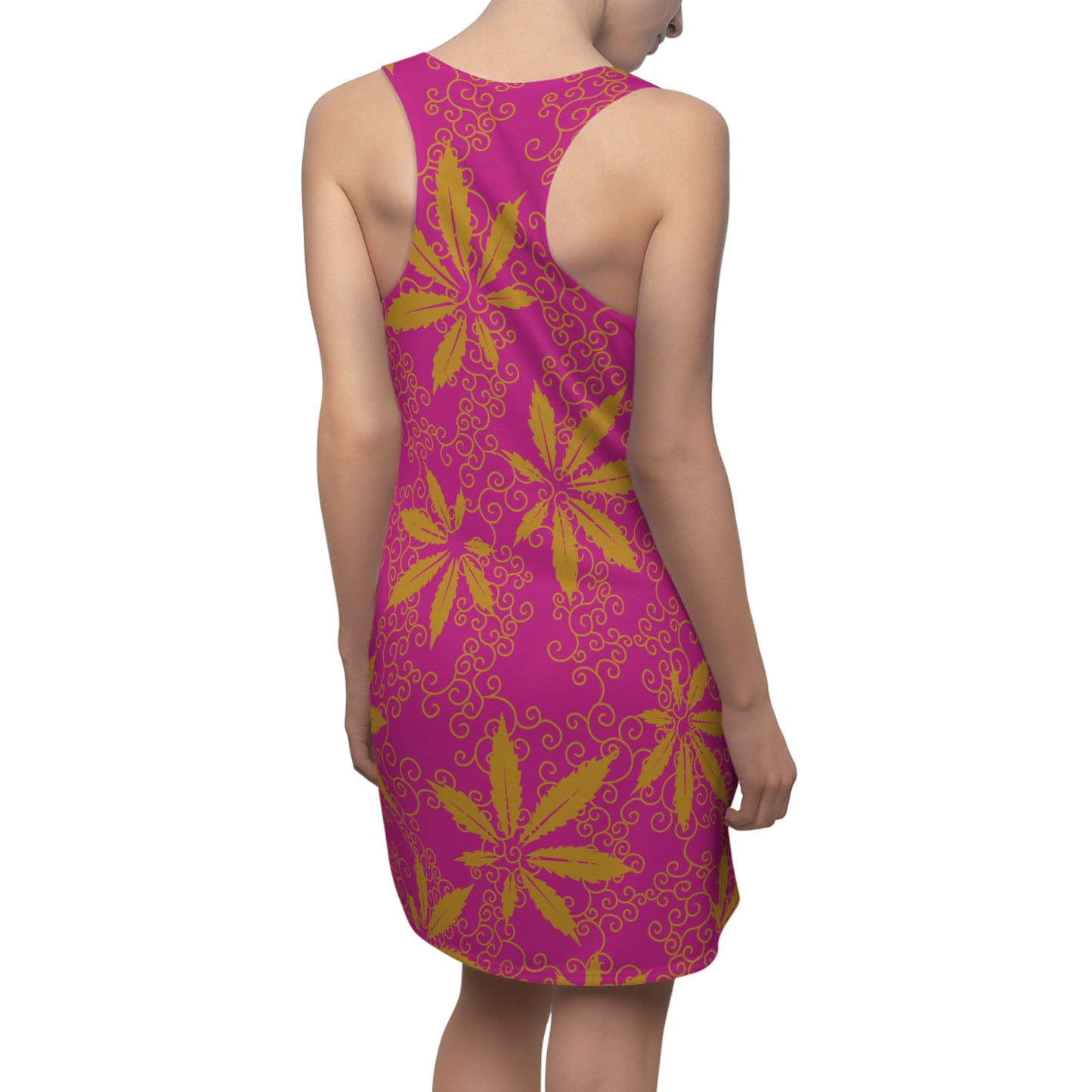 Cannabis Racerback Kleid Damen – Pink Gold Sommerkleid mit Hanfblättern