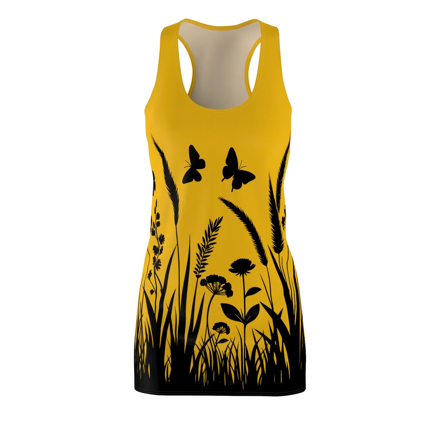 Gelbes Naturmuster Racerback Kleid – Schmetterling & Blumen Design