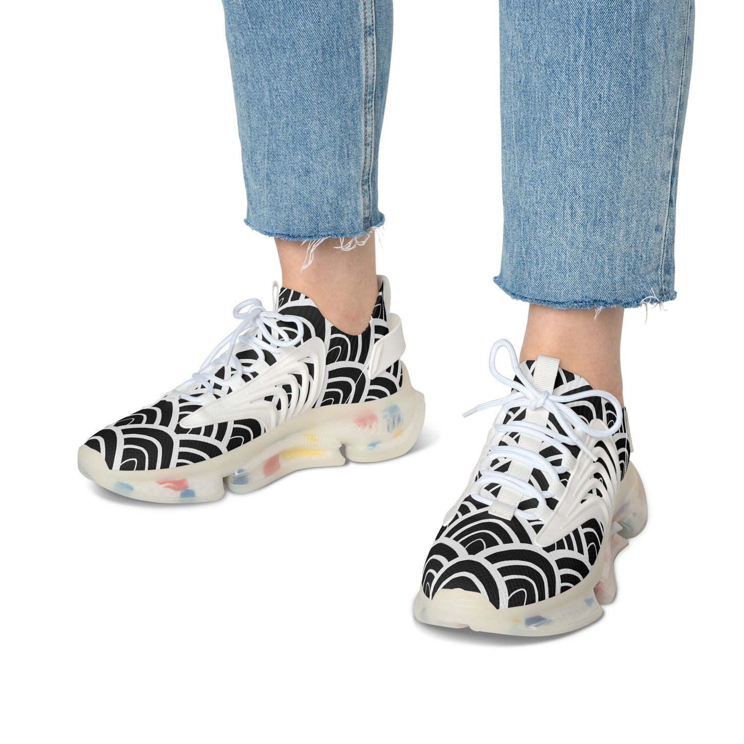 Damen Sneaker Schwarz Weiß Modern Wellen Design Atmungsaktiv