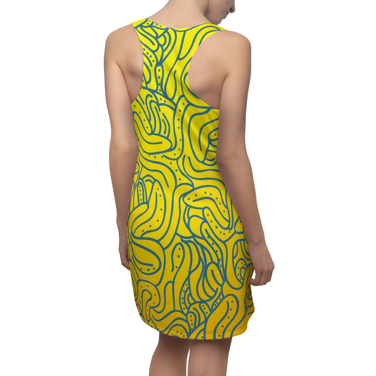 Vibrant Yellow Abstract Print Racerback Dress | Summer Beach Dress | Women’s Sleeveless Casual Dress | Trendy Party Outfit | Bold Graphic Fashion Dress