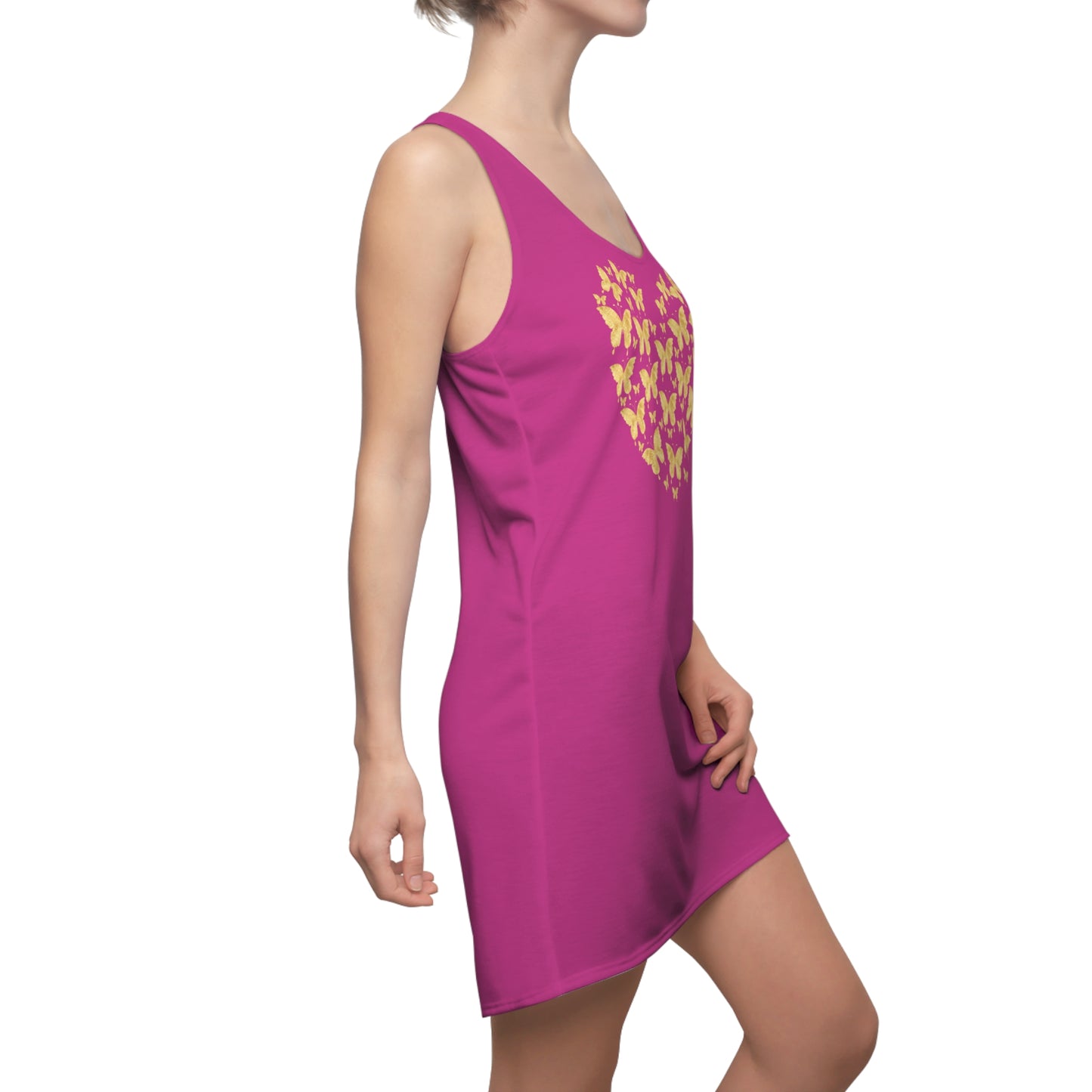 Pink Schmetterlingsherz Racerback Kleid – Gold Sommerkleid