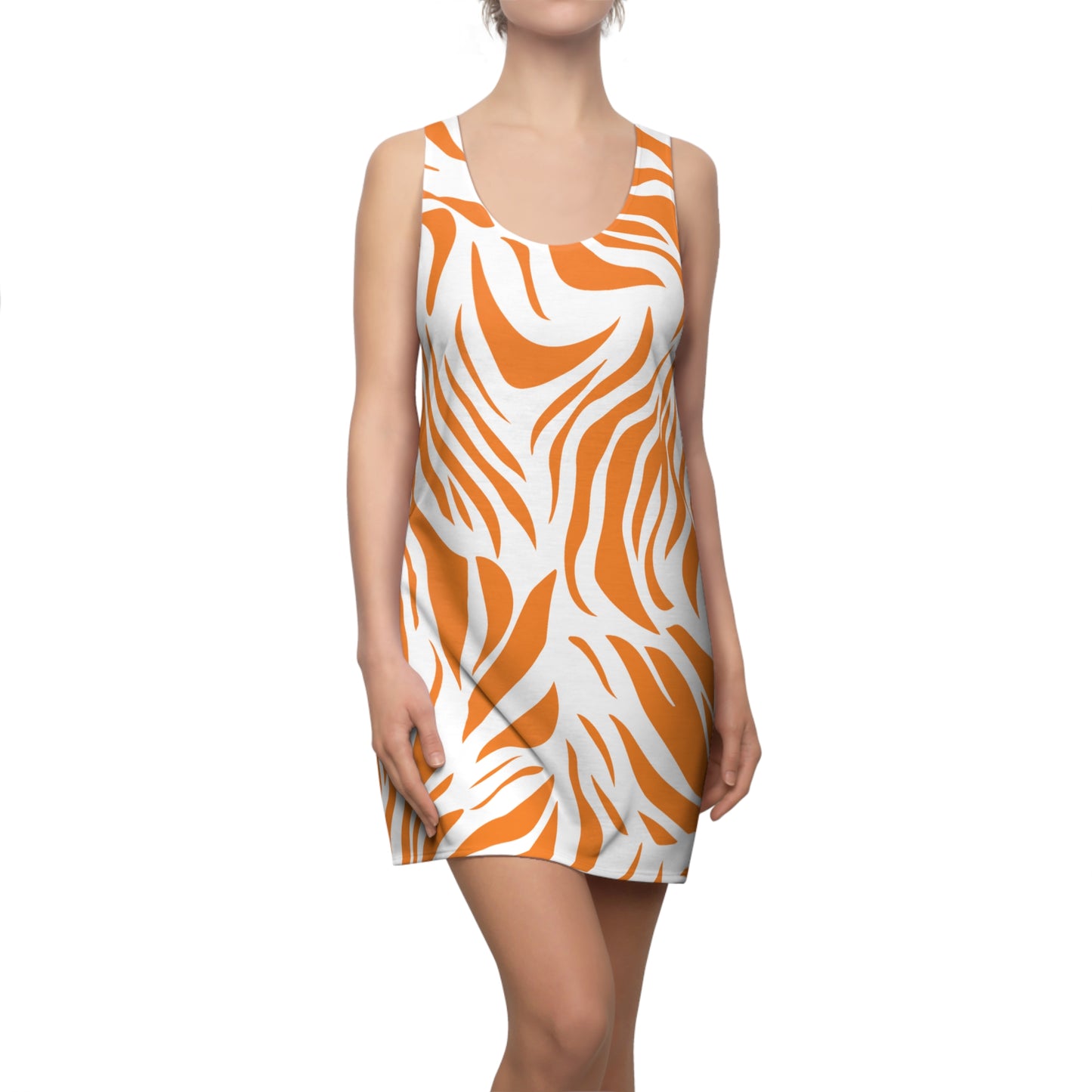 Damen Racerback Kleid – Zebra Print in Orange & Weiß, Vibrant Dress
