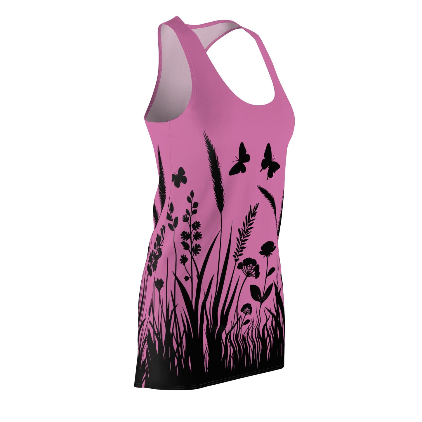 Rosanes Naturmuster Racerback Kleid – Schmetterling & Blumen Design