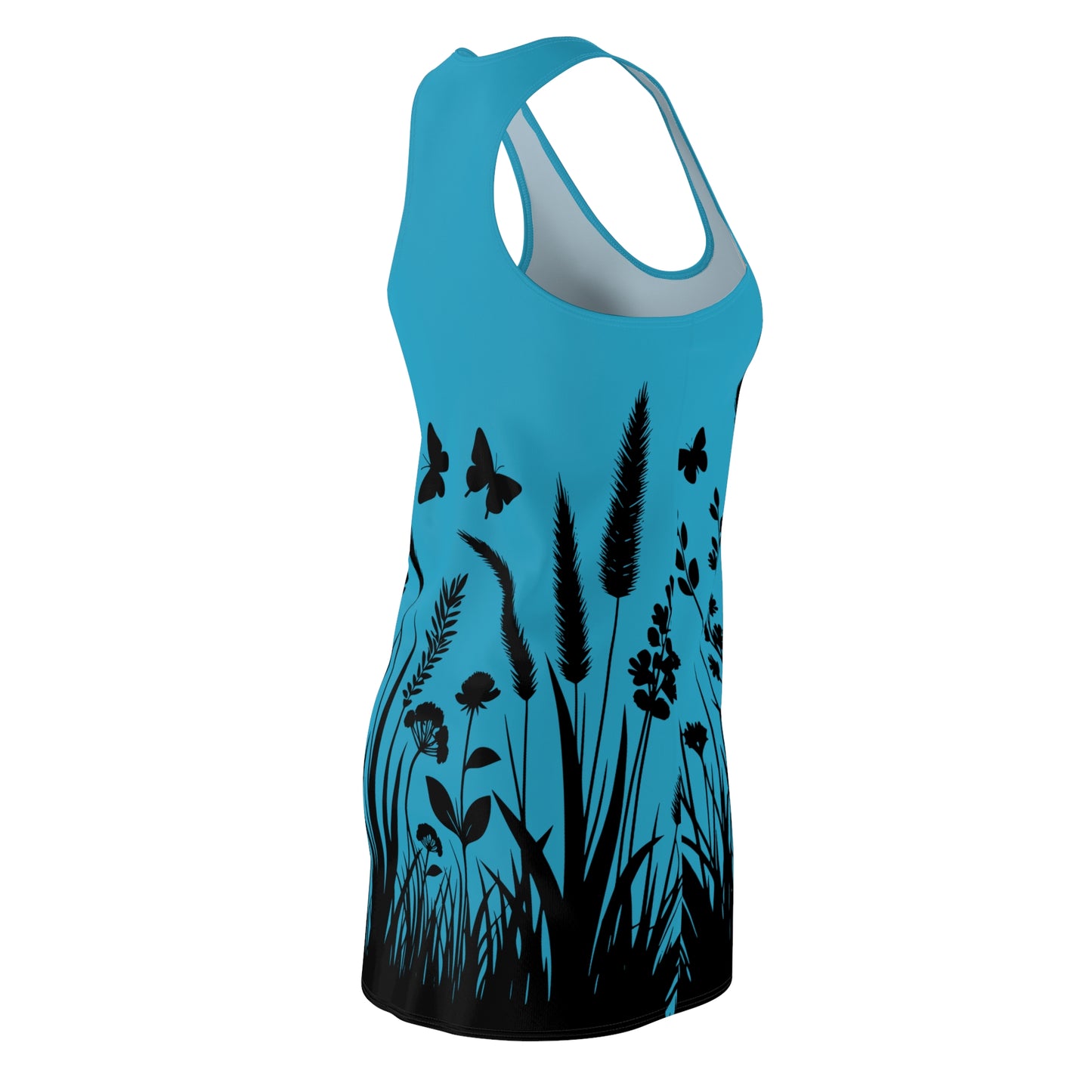 Türkises Naturmuster Racerback Kleid – Schmetterling & Blumen Design