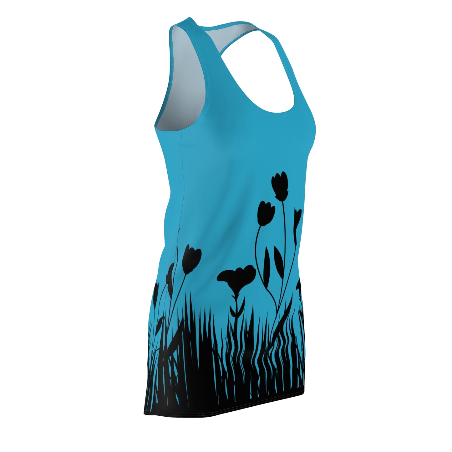 Blumensilhouette Racerback Kleid – Elegant Schwarz Türkis