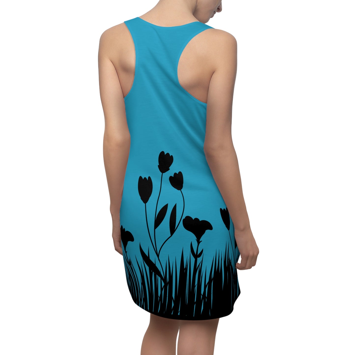 Blumensilhouette Racerback Kleid – Elegant Schwarz Türkis