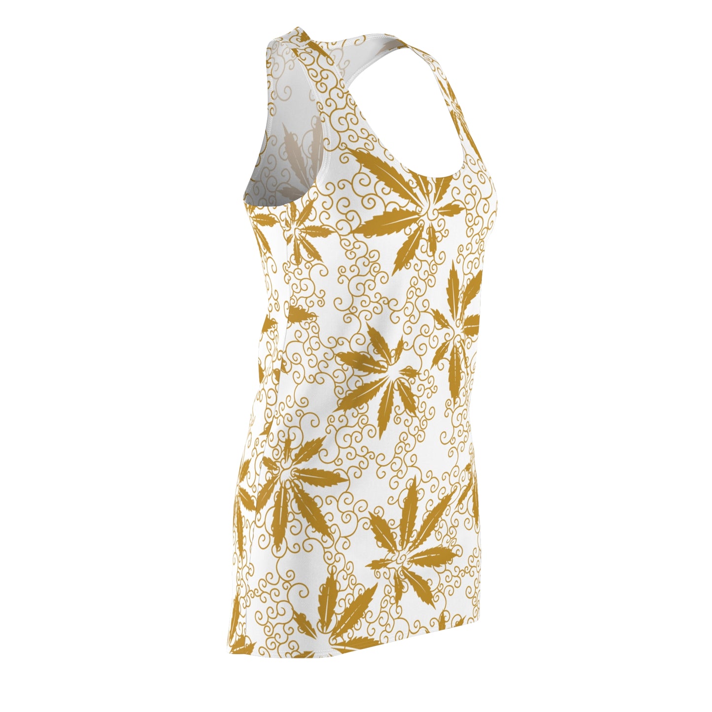 Cannabis Racerback Kleid Damen – Weiß Gold Sommerkleid mit Hanfblättern