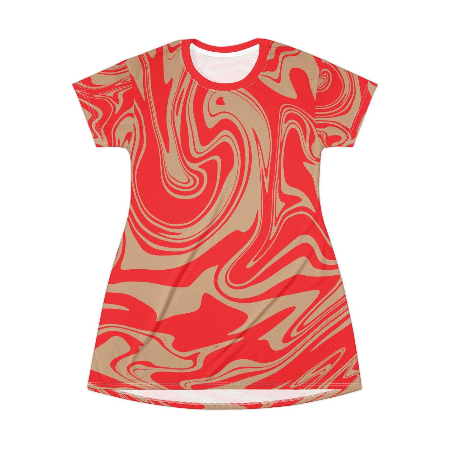 Rotes Damen Kleid Marmor Print T-Shirt Sommer Casual Elegant