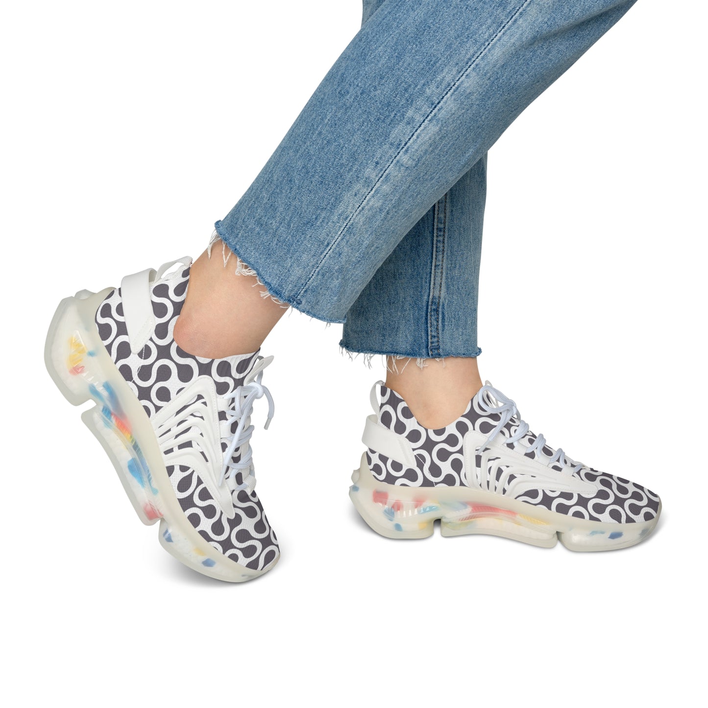 Damen Sneaker Schwarz Weiß Muster Mesh Atmungsaktiv Bequeme Schuhe
