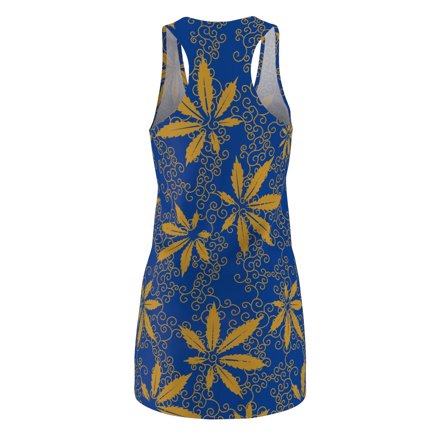Cannabis Racerback Kleid Damen – Blau Gold Sommerkleid mit Hanfblättern