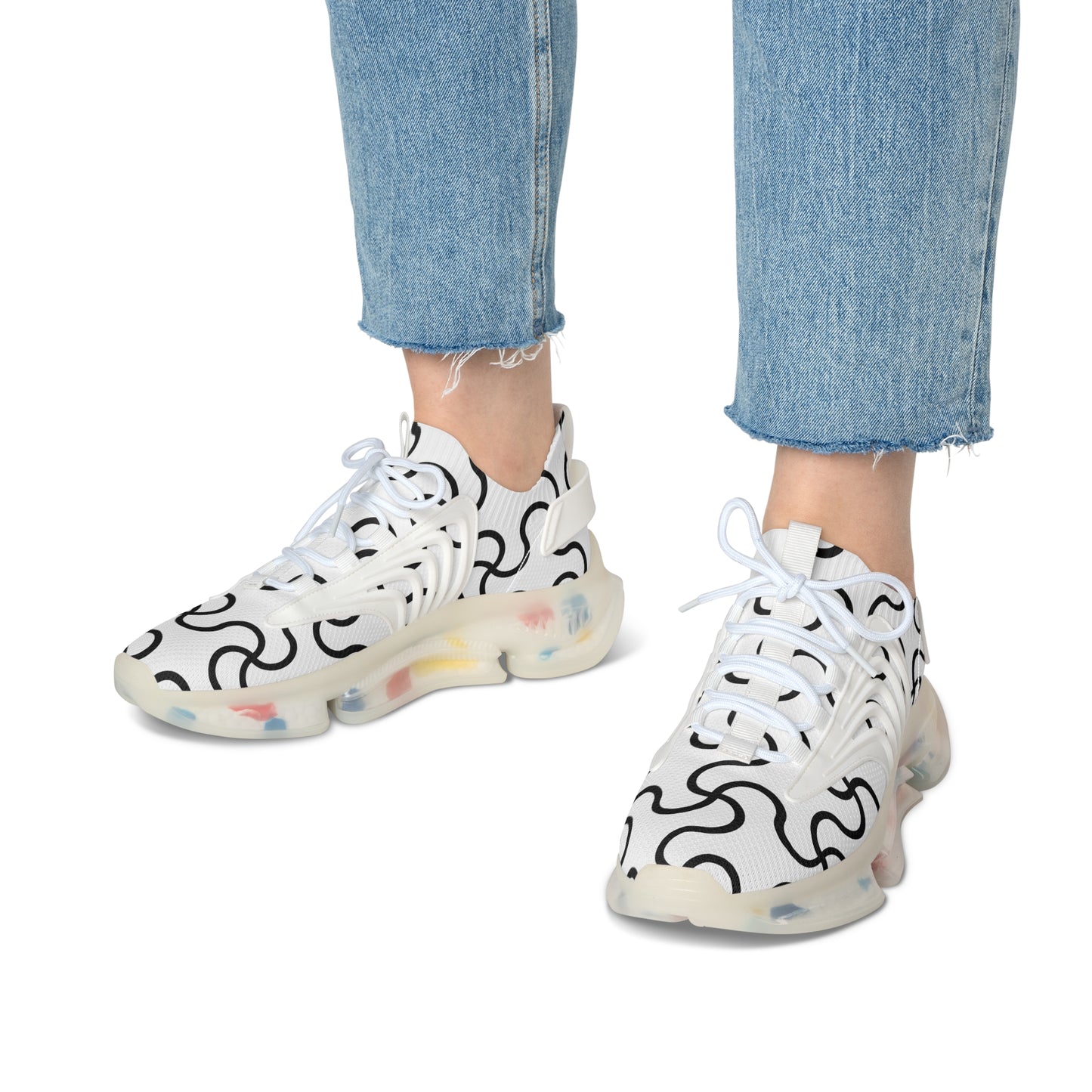 Damen Sneaker Schwarz Weiß Modern Linienmuster Atmungsaktiv