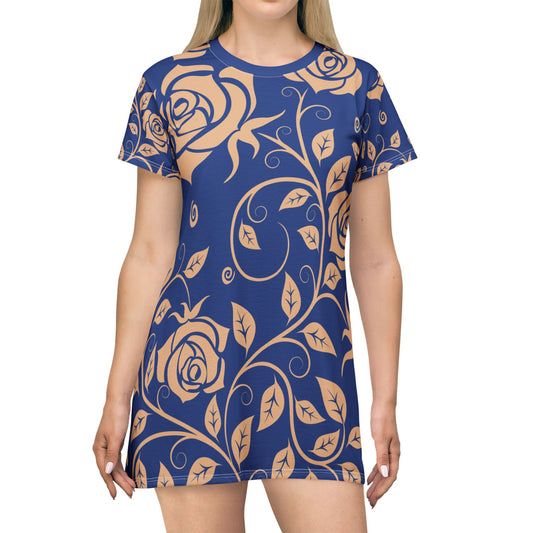 Blauer Damen Kleid Blumen T Shirt Style Sommer Boho Casual