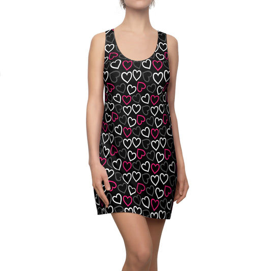 Schwarzes Herzmuster Racerback Kleid – Sommerkleid Damen, Casual Party Outfit, Ärmellos, Trendy Fashion Dress, Geschenkidee für Sie