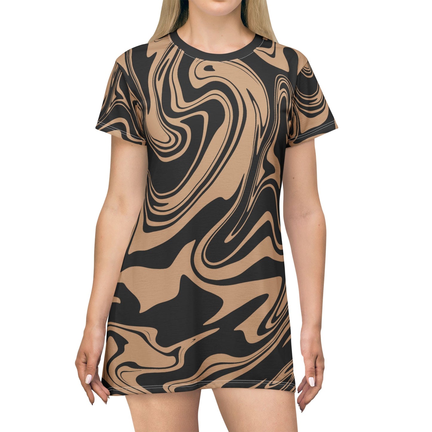 Schwarz Damen Kleid Marmor Print T-Shirt Sommer Casual Elegant
