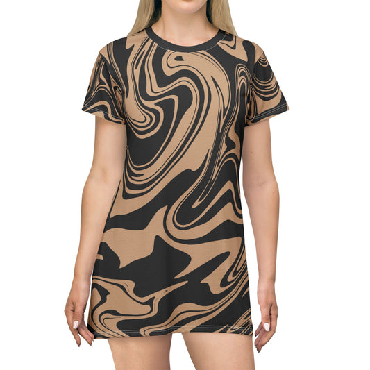 Schwarz Damen Kleid Marmor Print T-Shirt Sommer Casual Elegant