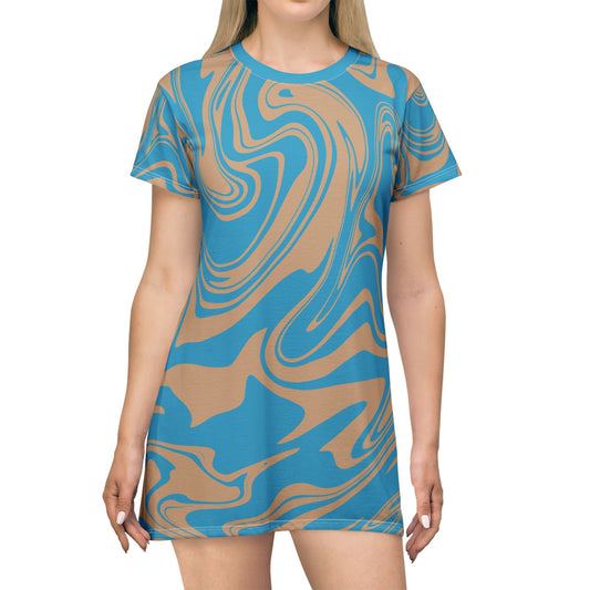 Türkises Damen Kleid Marmor Print T-Shirt Sommer Casual Elegant