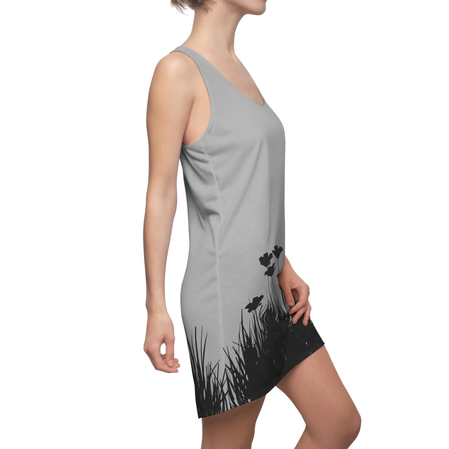 Grau Racerback Damenkleid – Botanisches Sommerkleid, Freizeitkleid