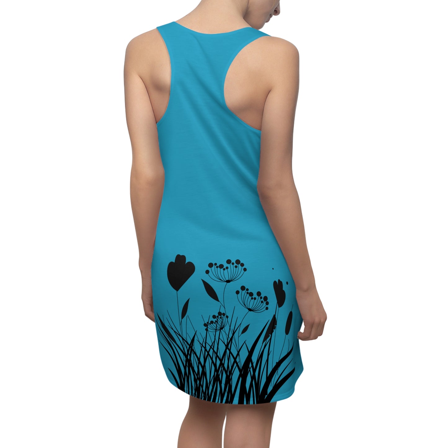 Schwarz Türkis Blumen Racerback Kleid – Elegantes Sommerkleid