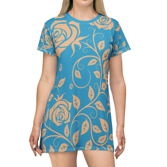 Türkiser Damen Kleid Blumen T Shirt Style Sommer Boho Casual