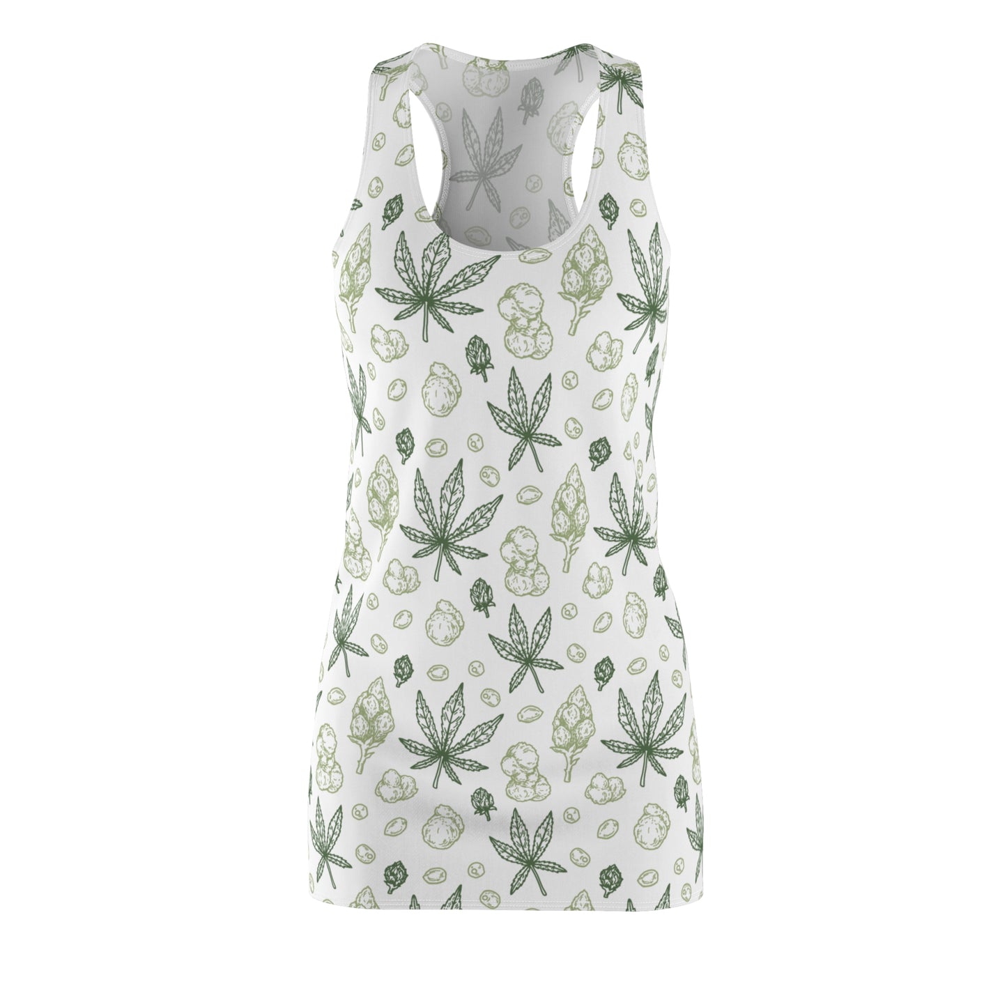 Damen Racerback Kleid Weiß Grün mit Cannabis Blättern – Sommerkleid