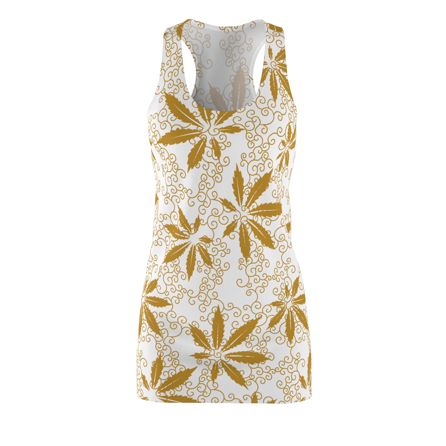 Cannabis Racerback Kleid Damen – Weiß Gold Sommerkleid mit Hanfblättern