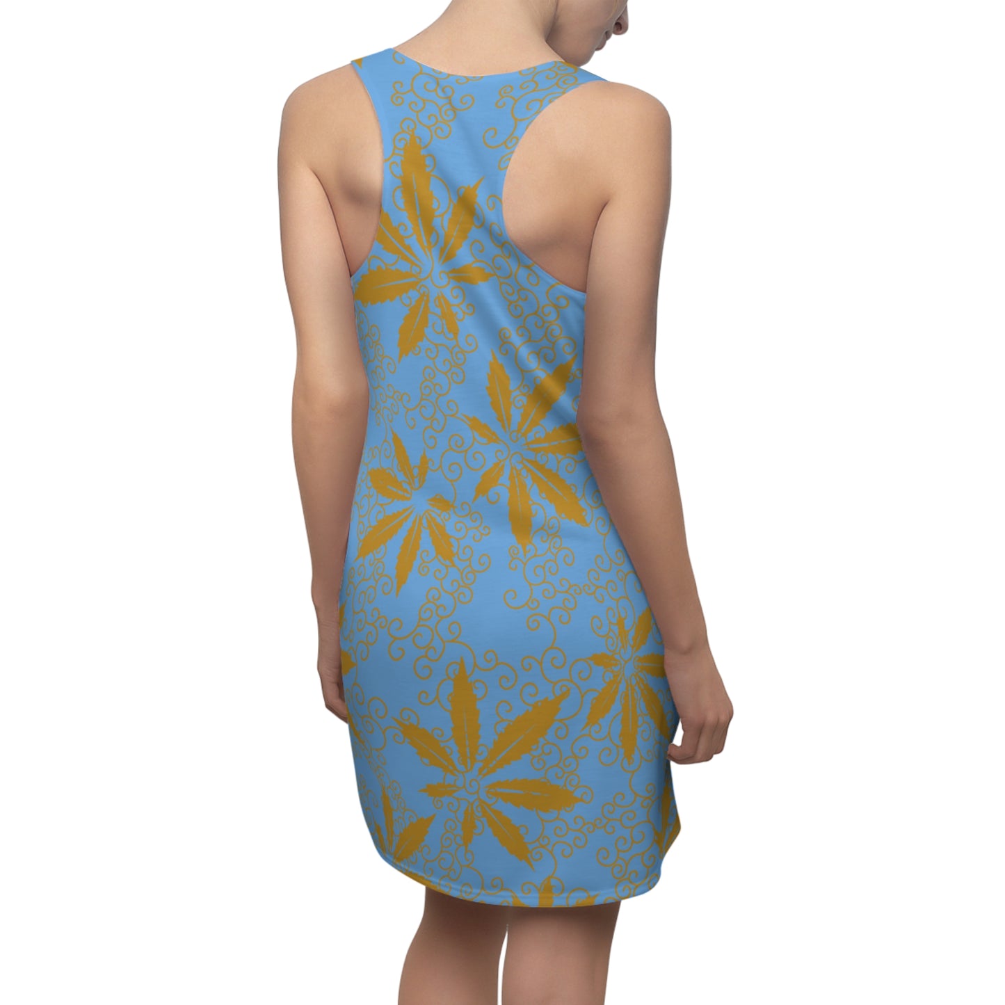Cannabis Racerback Kleid Damen – blau Gold Sommerkleid mit Hanfblättern