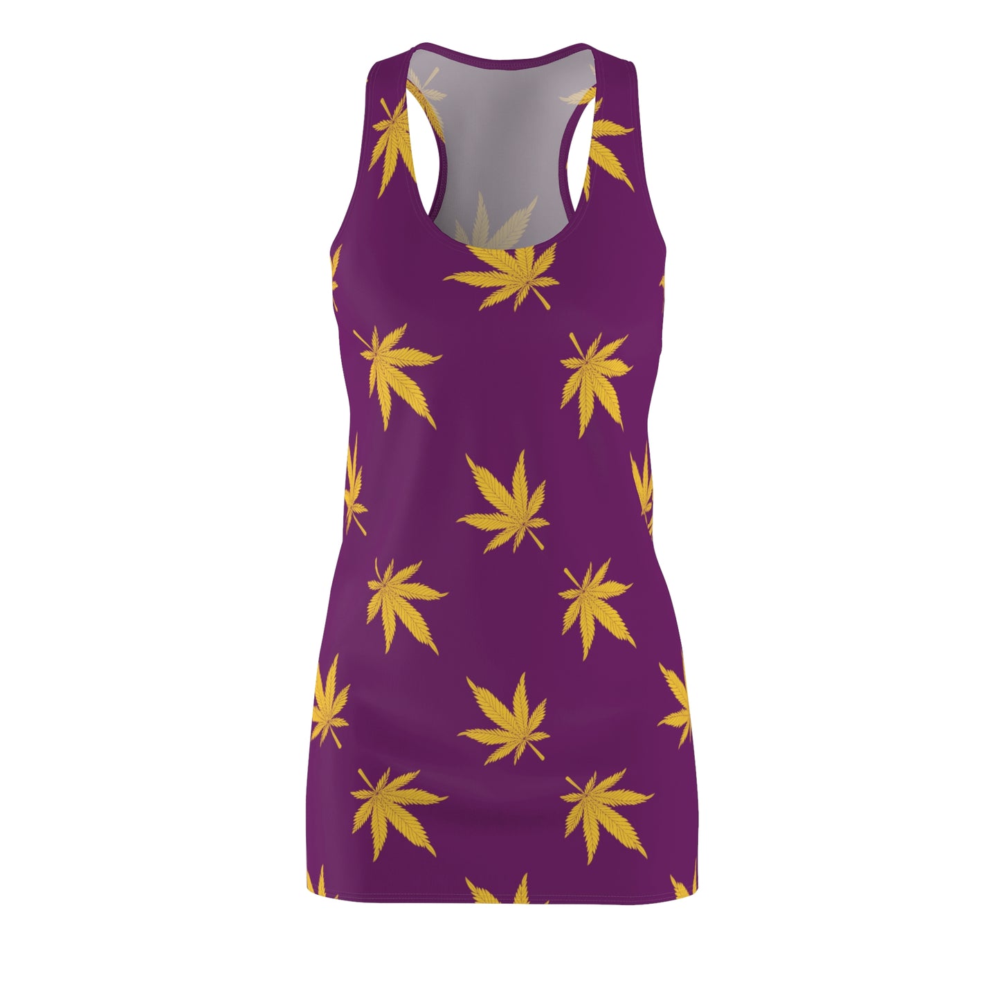 Damen Racerback Kleid Lila mit Cannabis Blattmuster – Sommer Freizeitkleid