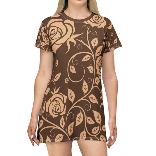 Brauner Damen Kleid Blumen T Shirt Style Sommer Boho Casual