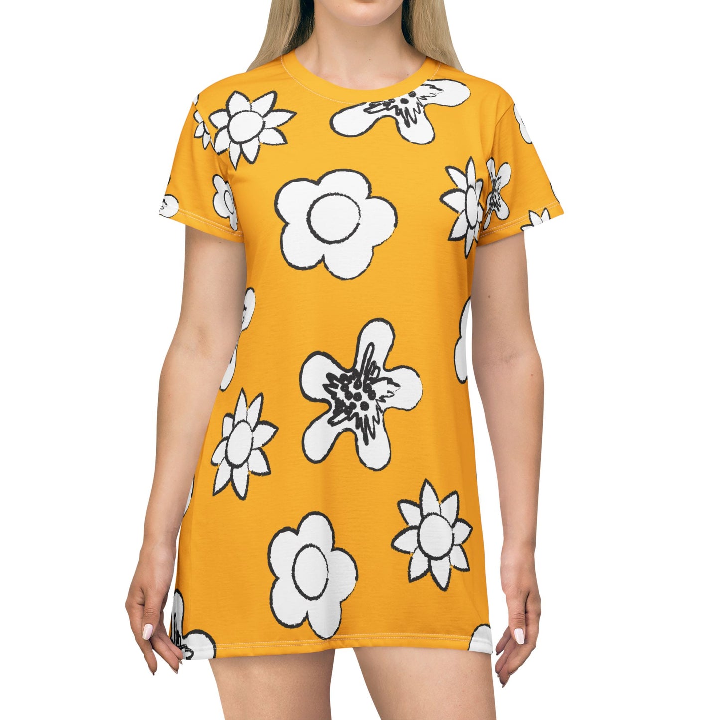 Gelbes Damen Kleid Floral T-Shirt Sommer Boho Casual Premium