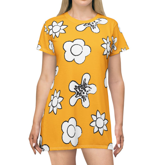 Gelbes Damen Kleid Floral T-Shirt Sommer Boho Casual Premium