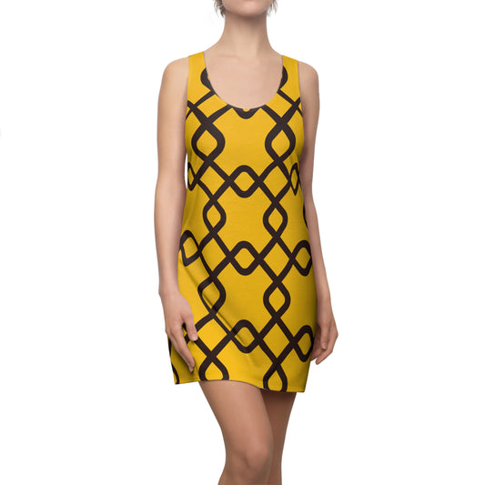 Damen Racerback Kleid gelb mit schwarzem Muster – Sommer Freizeitkleid