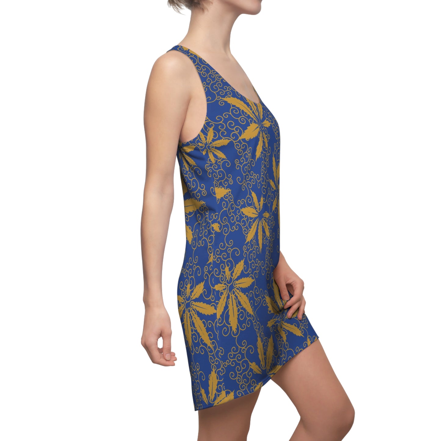 Cannabis Racerback Kleid Damen – Blau Gold Sommerkleid mit Hanfblättern