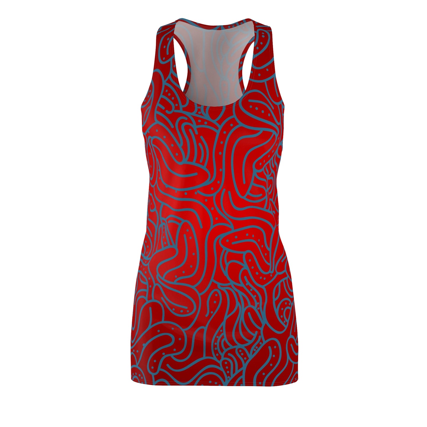 Vibrant Abstract Racerback Dress, Red Summer Dress, Unique Pattern Casual Outfit, Sleeveless Beachwear, Trendy Women’s Fashion