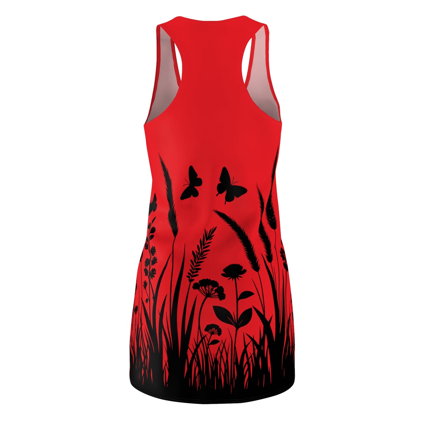 Rotes Naturmuster Racerback Kleid – Schmetterling & Blumen Design