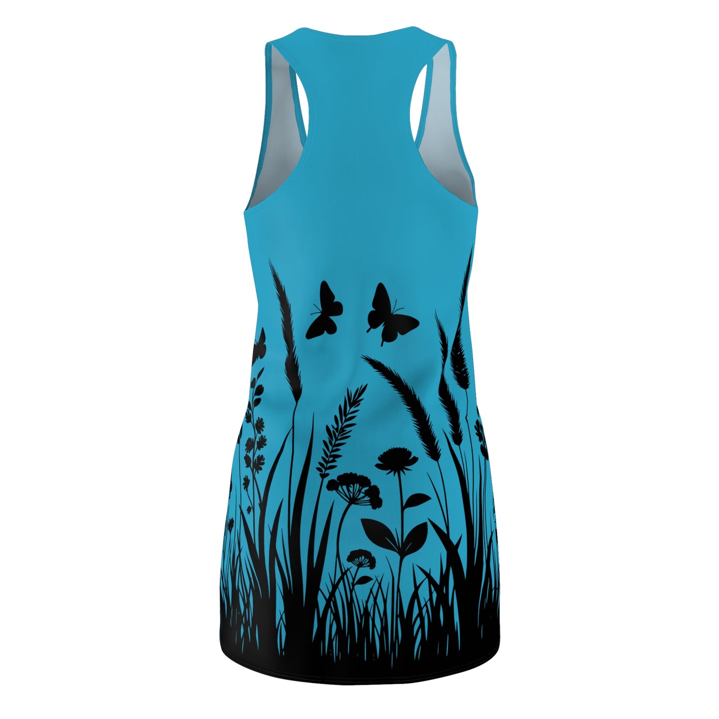 Türkises Naturmuster Racerback Kleid – Schmetterling & Blumen Design