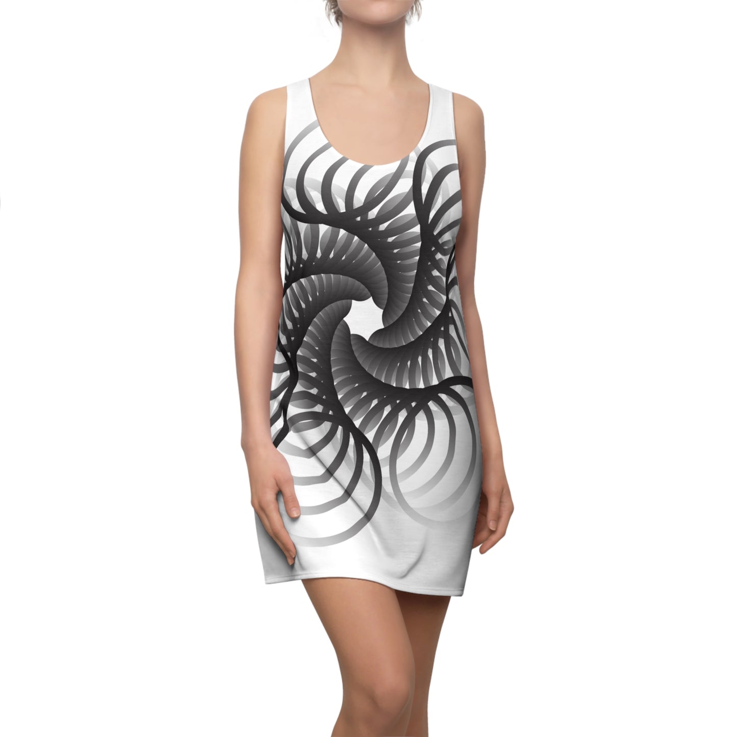 Spiral Design Racerback Kleid – Elegant Schwarz Weiß