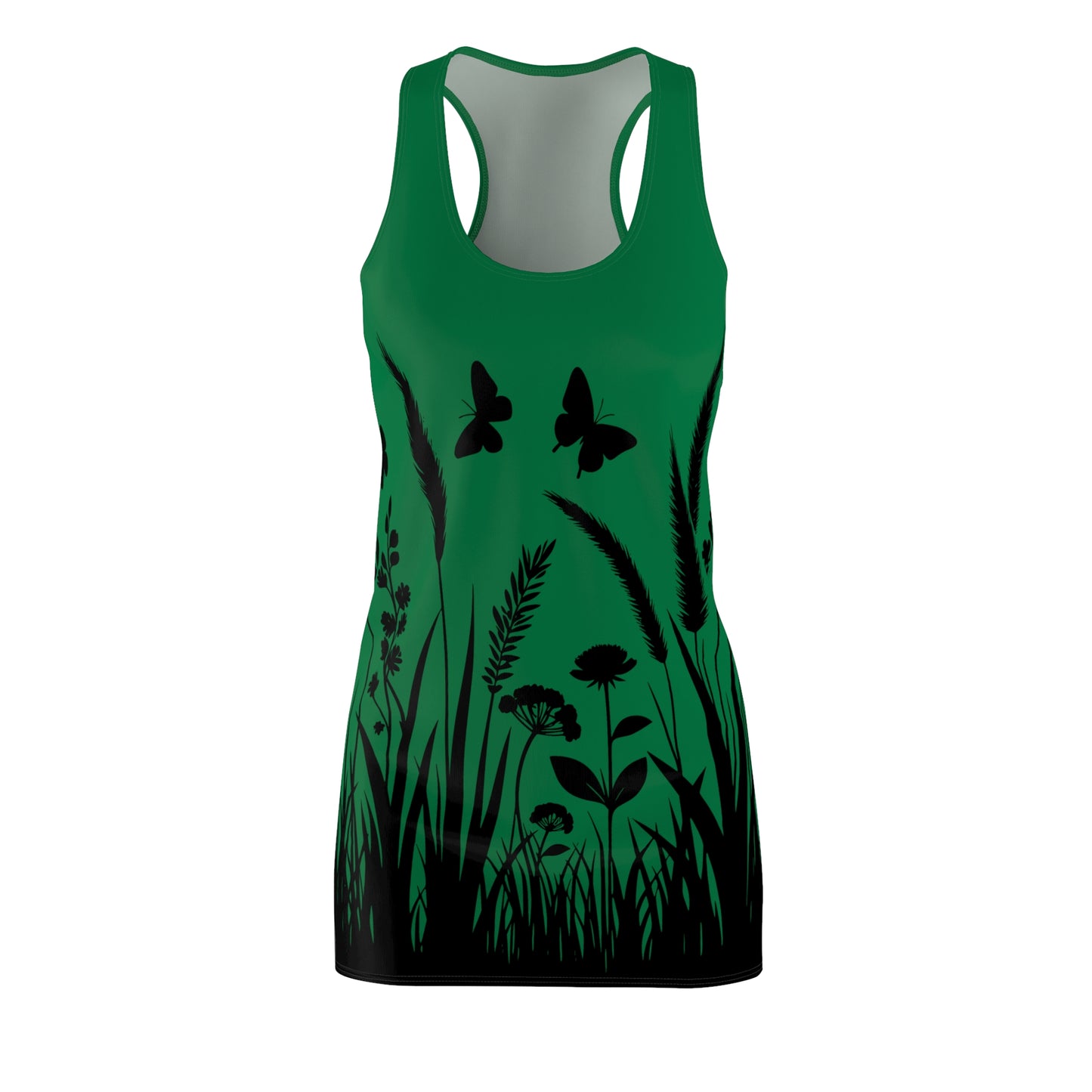 Dunkelgrünes Naturmuster Racerback Kleid – Schmetterling & Blumen Design