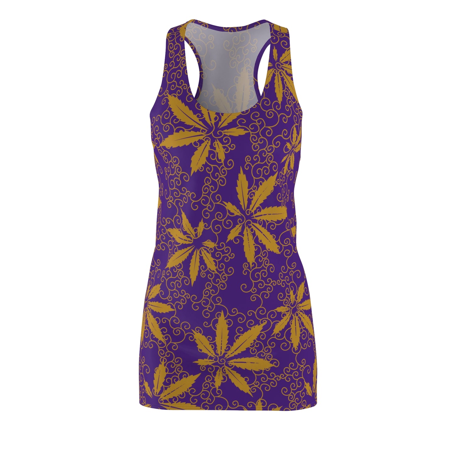 Cannabis Racerback Kleid Damen – lila Gold Sommerkleid mit Hanfblättern
