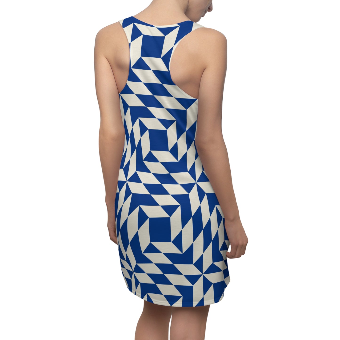 Racerback Kleid Damen – blaues Sommerkleid mit geometrischem Muster
