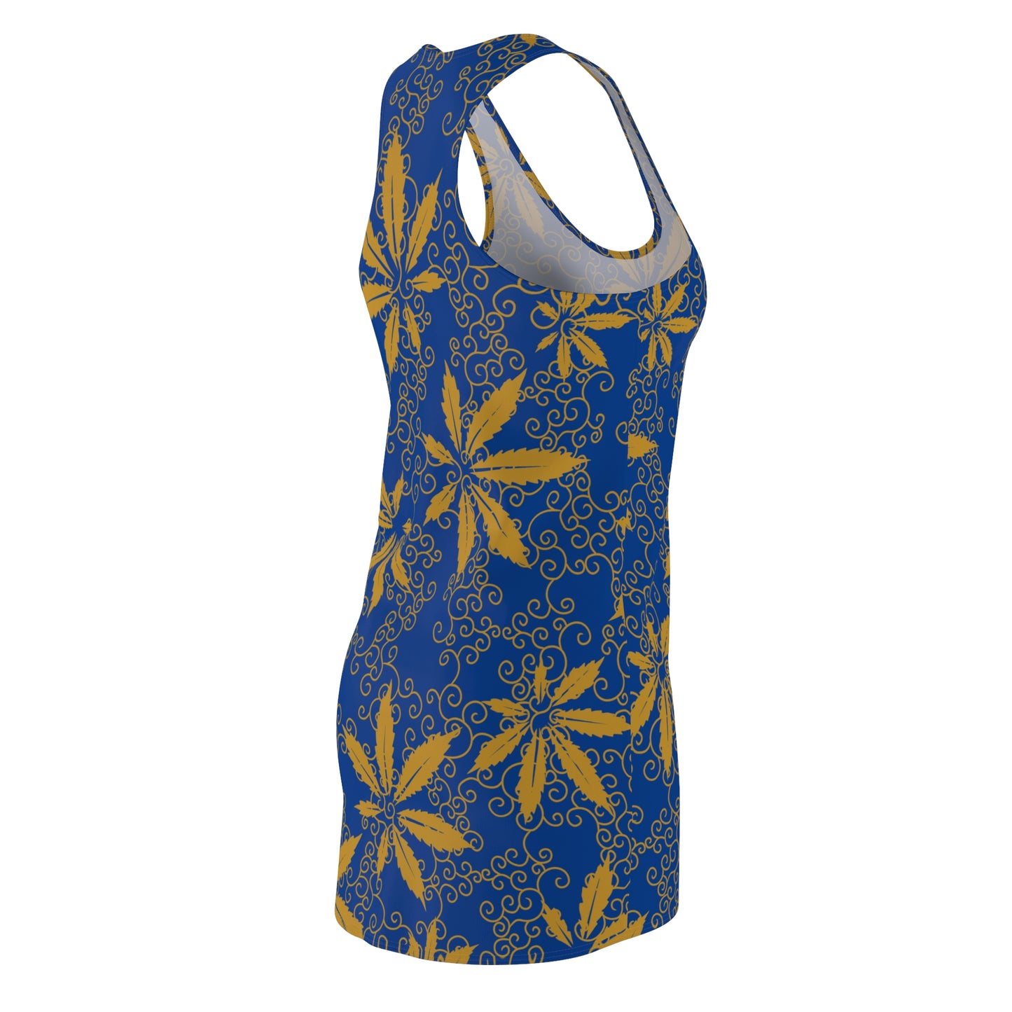 Cannabis Racerback Kleid Damen – Blau Gold Sommerkleid mit Hanfblättern