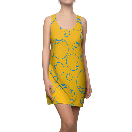 Bubble Print Racerback Kleid – Gelb Blau Sommerkleid