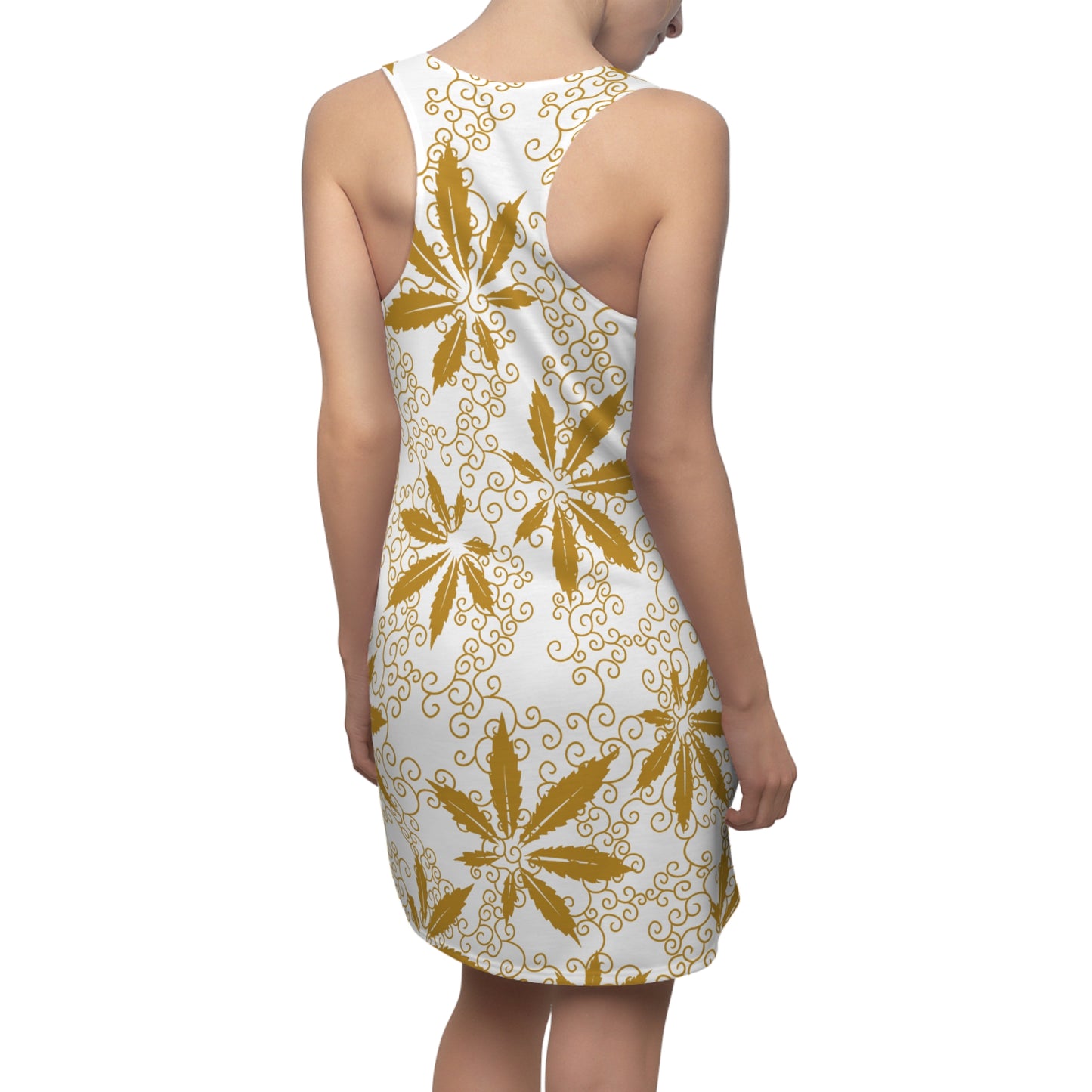 Cannabis Racerback Kleid Damen – Weiß Gold Sommerkleid mit Hanfblättern
