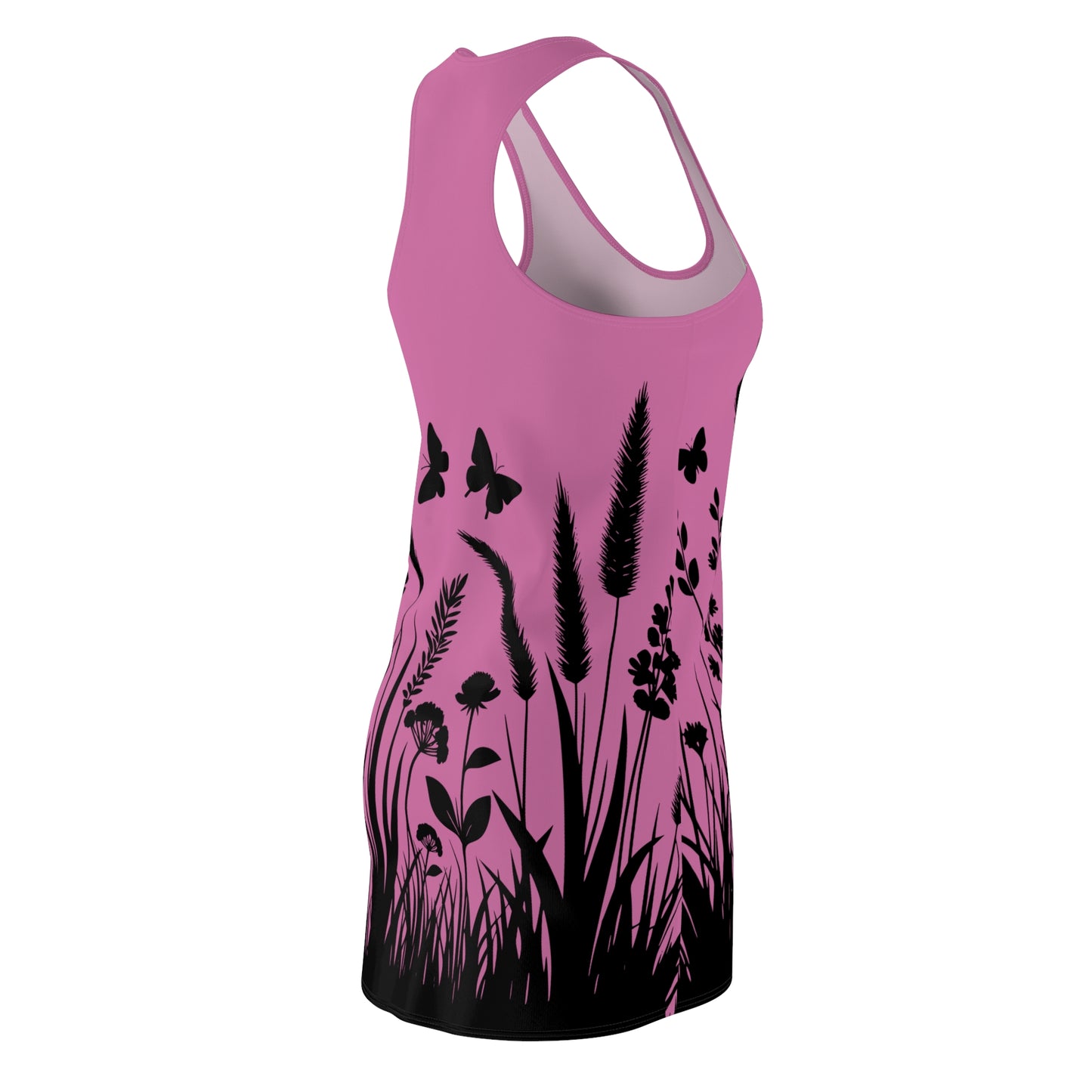 Rosanes Naturmuster Racerback Kleid – Schmetterling & Blumen Design