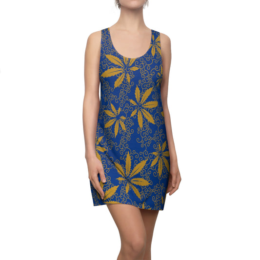 Cannabis Racerback Kleid Damen – Blau Gold Sommerkleid mit Hanfblättern