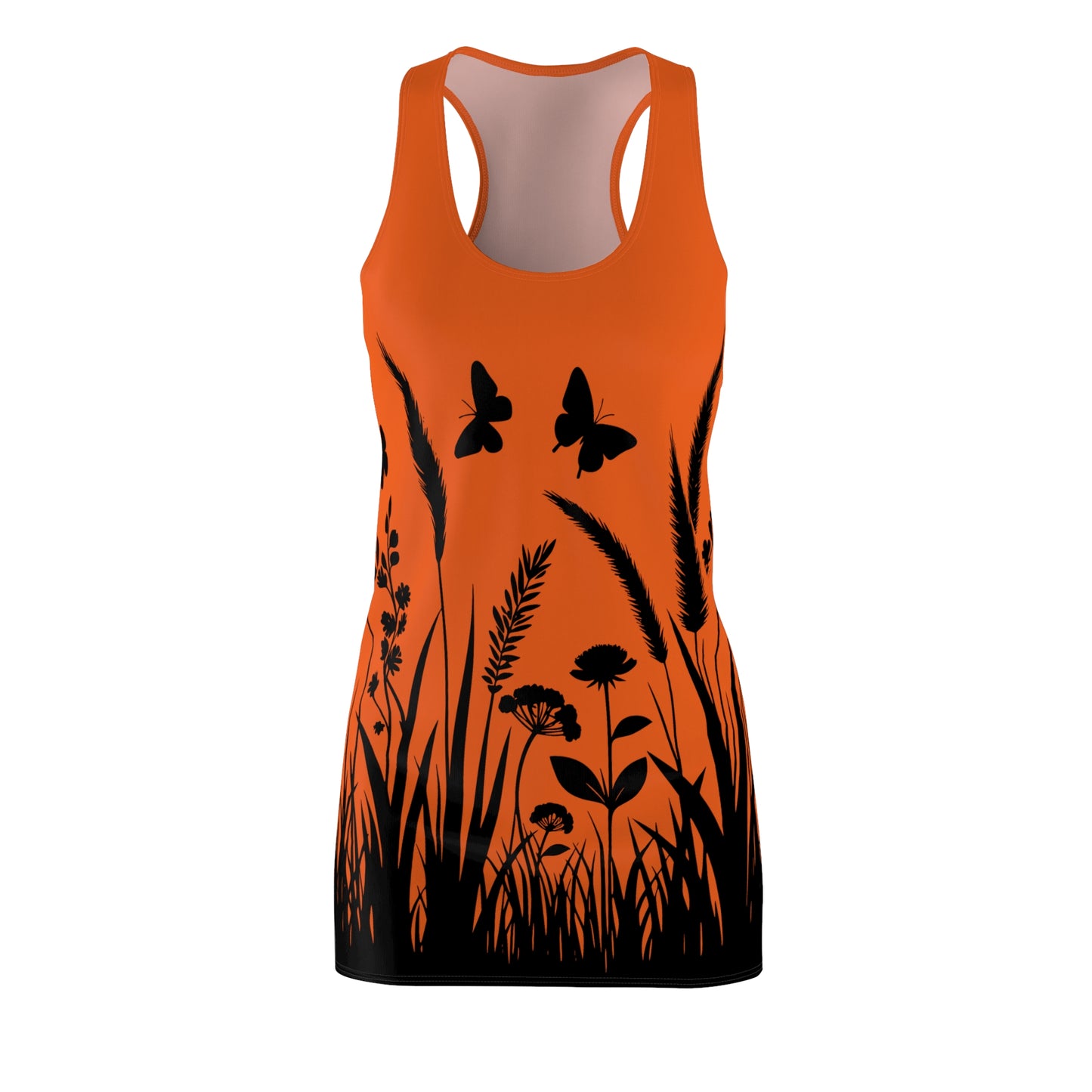 Oranges Naturmuster Racerback Kleid – Schmetterling & Blumen Design