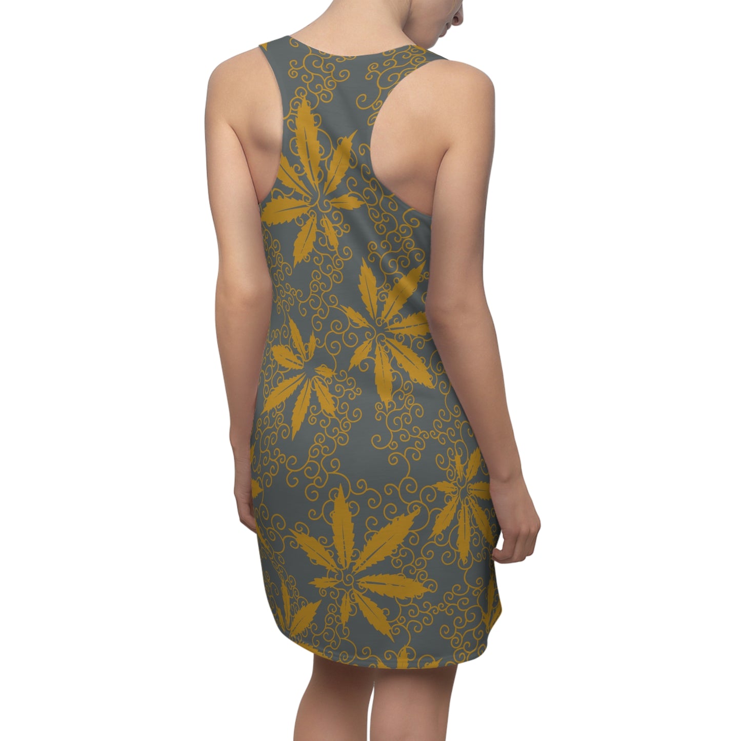 Cannabis Racerback Kleid Damen – Grau Gold Sommerkleid mit Hanfblättern